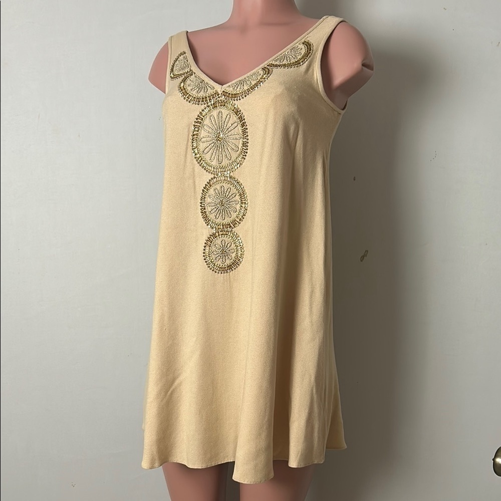 Lilly Pulitzer FIA DRESS Sleeveless Lined Sand Dune Embellished Gold Beige XXS